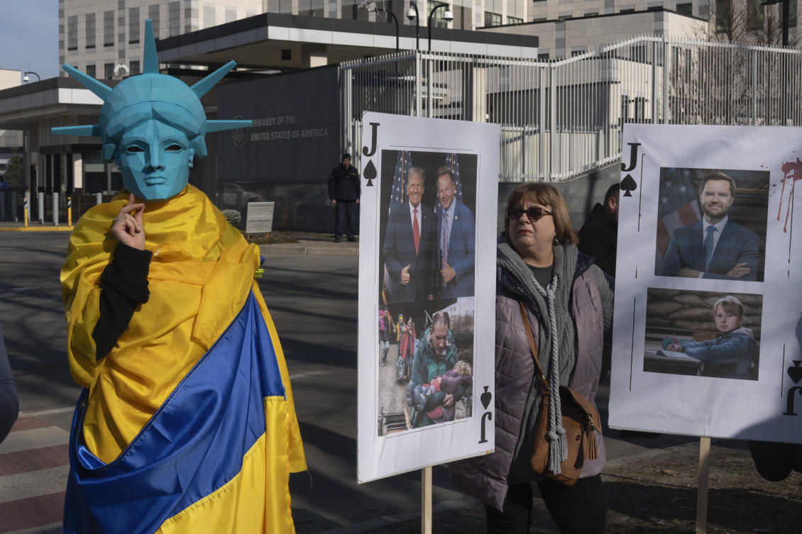 People protest against President Donald Trump’s policy concerning Ukraine in front of the US Embassy in Kyiv, Mar. 8, 2025. (AP)