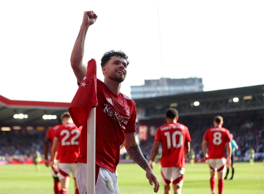 Nottingham Forest’s Neco Williams celebrates after Callum Hudson-Odoi scores their first goal during their Premier League match against Manchester City — The City Ground, Nottingham, Britain — Mar. 8, 2025. (Reuters)