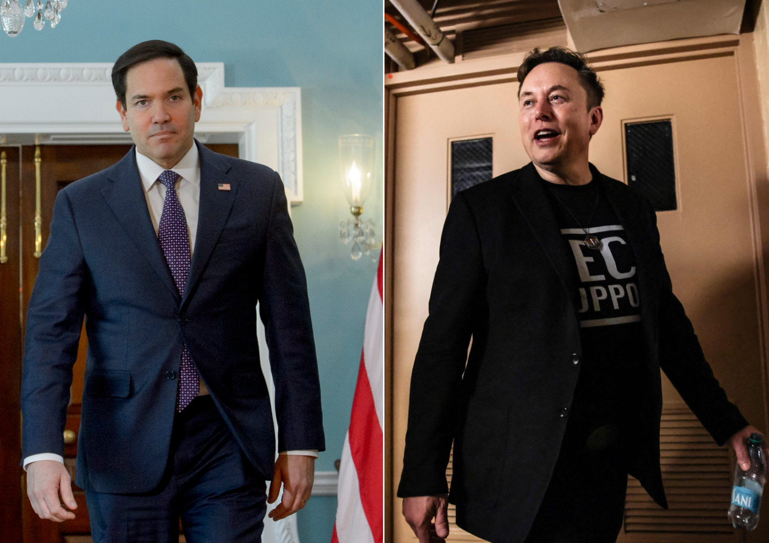 US State Secretary Marco Rubio (L) and Tesla CEO and President Trump’s senior adviser Elon Musk. (AP/Getty Images via AFP)