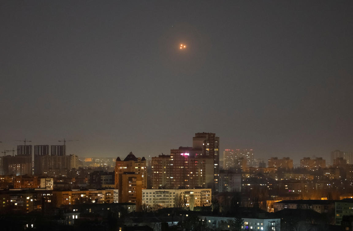 Explosions are seen in the sky over the city during a Russian drone strike, amid Russia's attack on Ukraine, in Kyiv, Ukraine March 8, 2025. (Reuters)