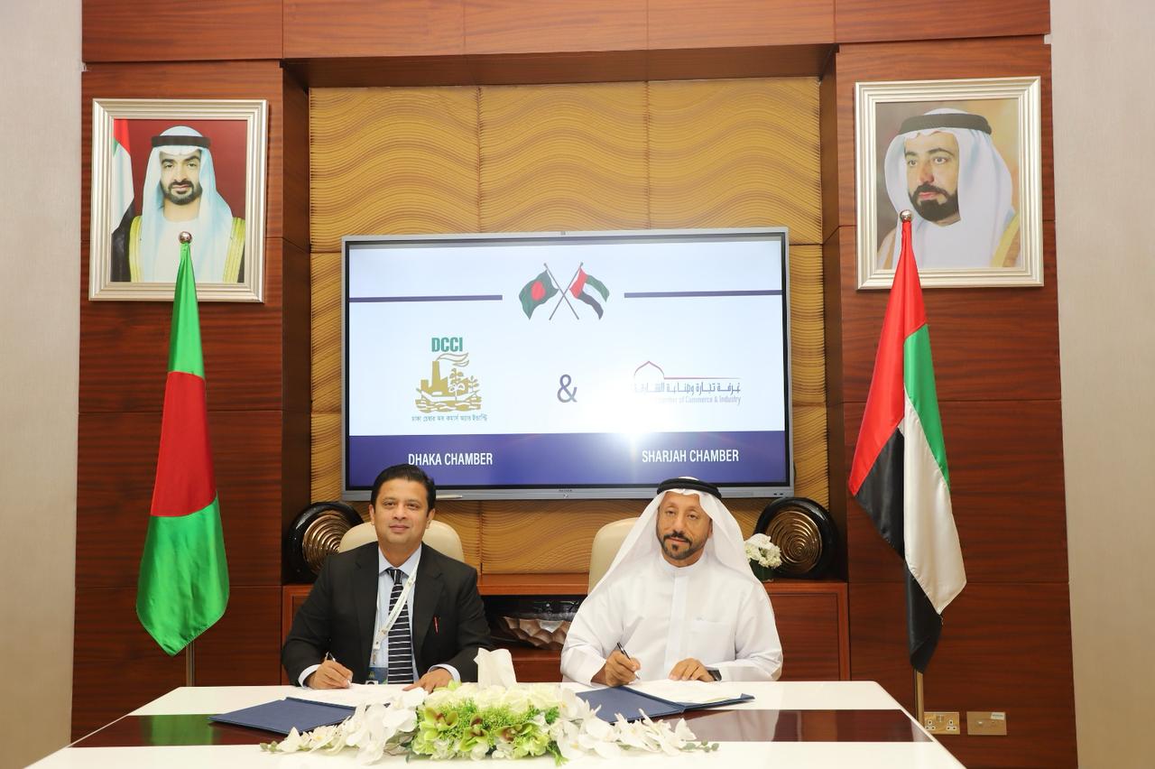 President of the Dhaka Chamber of Commerce and Industry, Taskeen Ahmed, left, signs a memorandum of understanding with the Sharjah Chamber of Commerce and Industry in Sharjah, UAE on Feb. 27, 2025. (DCCI)