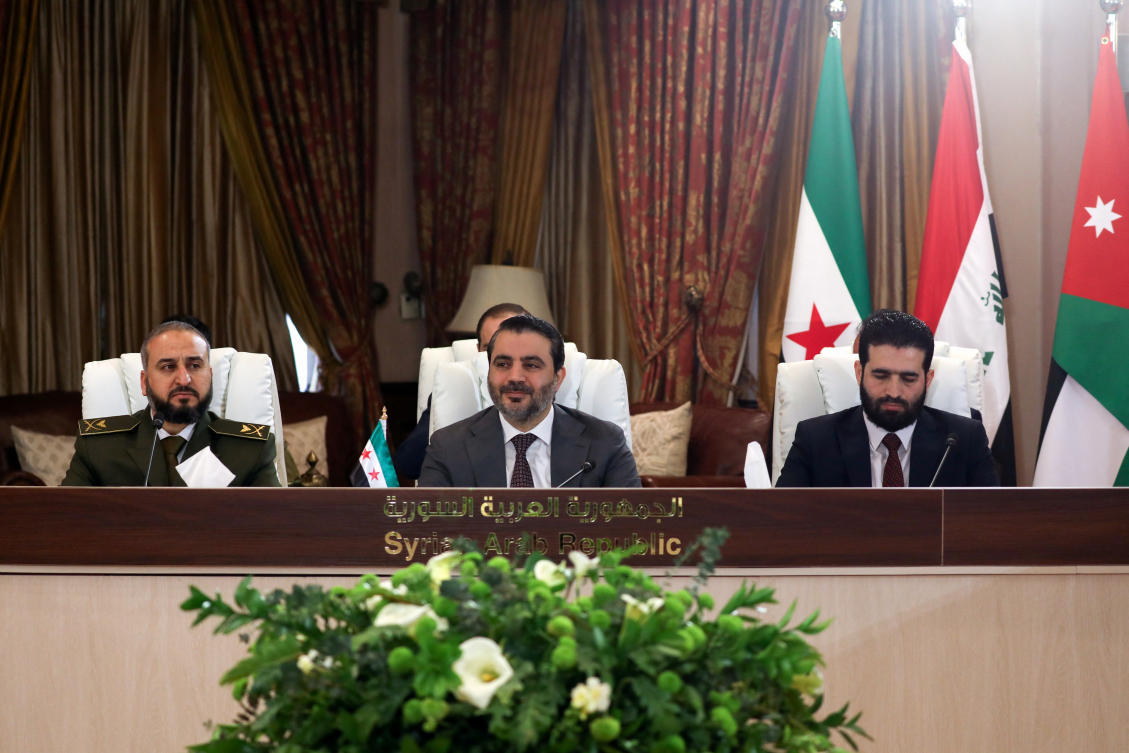 Syrian Foreign Minister Asaad Hassan Al-Shibani attends a meeting of delegates from Turkiye, Lebanon, Jordan, Syria, and Iraq to discuss security cooperation in Amman, Jordan, March 9, 2025. (Reuters)