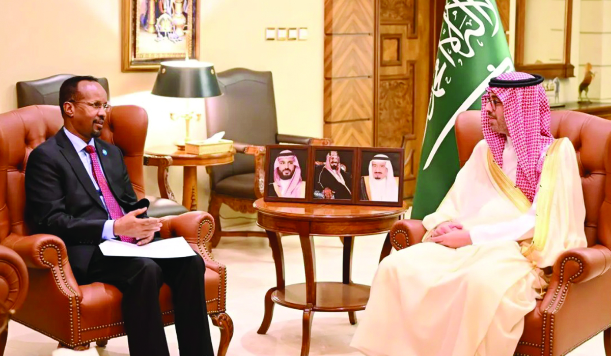 Prince Saud bin Abdullah bin Jalawi (R) holds talks with Abdiweli Hersi Abdi in Jeddah. (Supplied)