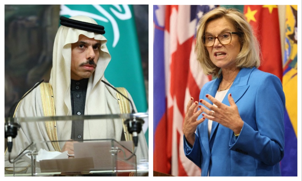 Saudi Arabia’s Foreign Minister Prince Faisal bin Farhan and the Special Coordinator for the Middle East Peace Process Sigrid Kaag. (File/AFP)