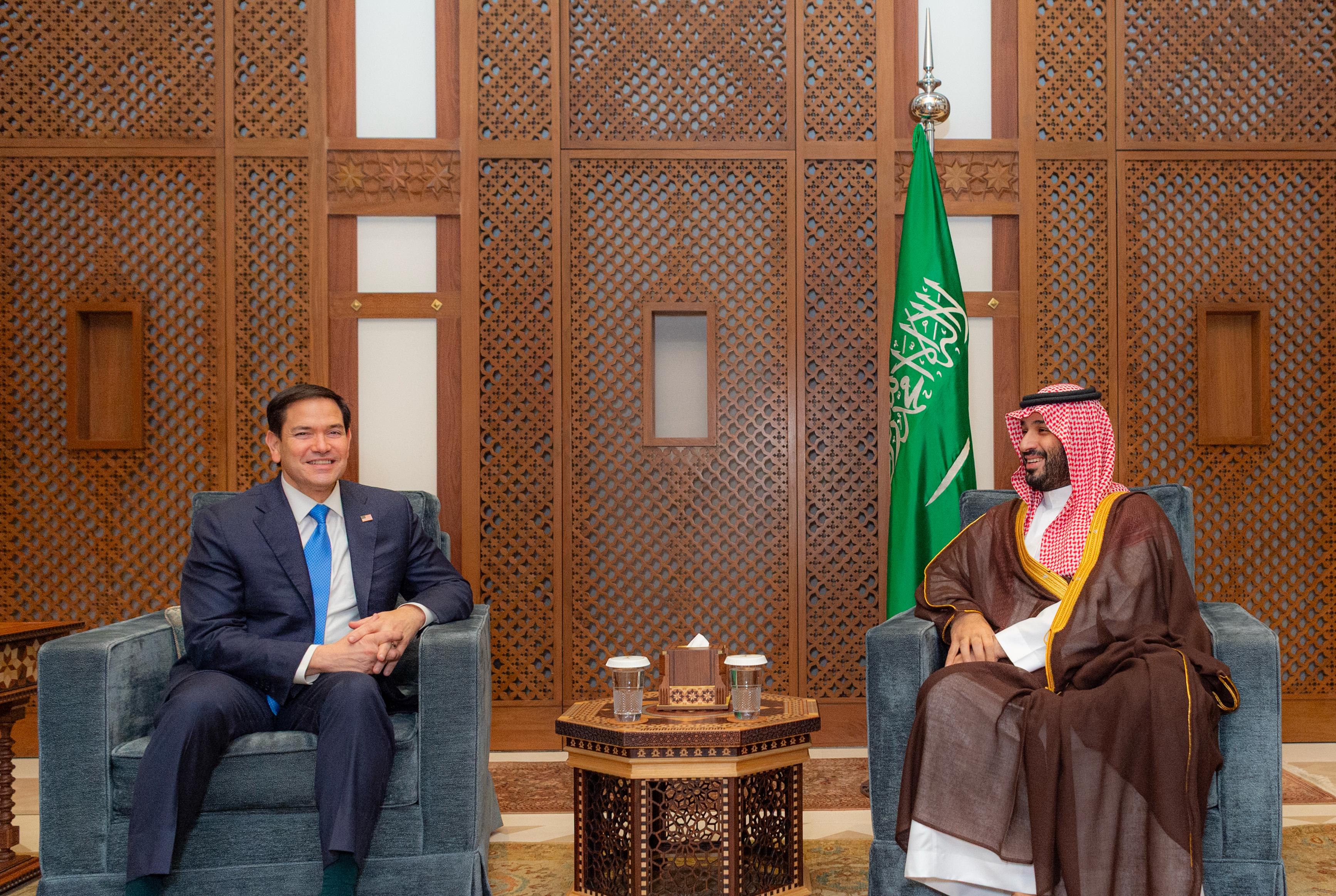 Saudi Arabia’s Crown Prince Mohammed bin Salman receives US Secretary of State Marco Rubio in Jeddah on Monday. (SPA)