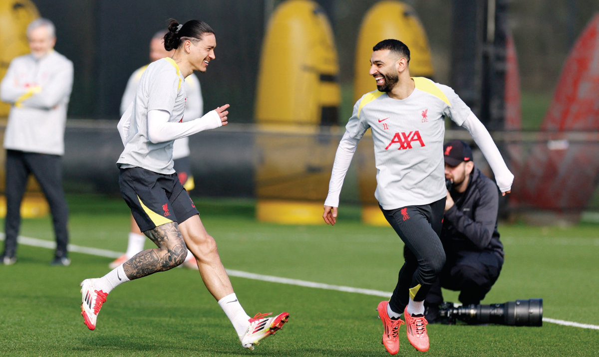Liverpool’s Mohamed Salah with Darwin Nunez during training Monday ahead of their Champions League round of 16 second leg match against Paris Saint-Germain. (Reuters)