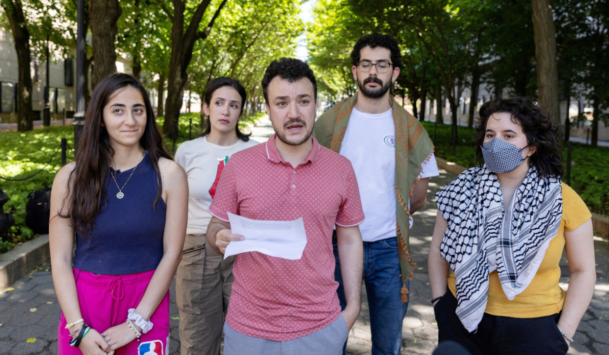 Maryam Alwan, Mahmoud Khalil, and Layla Saliba speak members of media about the Revolt for Rafah encampment at Columbia University during the ongoing conflict between Israel and the Palestinian Islamist group Hamas in Gaza, in New York City, U.S., June 1, 2024. (REUTERS)