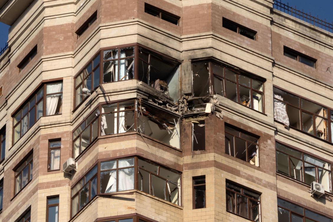 A view shows a damaged apartment building following a drone attack in the town of Ramenskoye in the Moscow region on Mar. 11, 2025. (AFP)