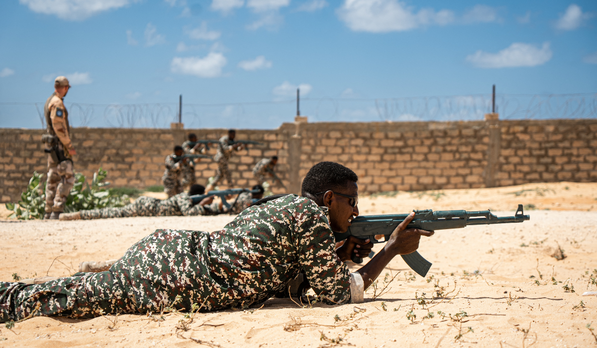 A Somali National Army soldier participates in a military drill at the General Dhagabadan Training Centre in Mogadishu on March 19, 2024. (AFP)