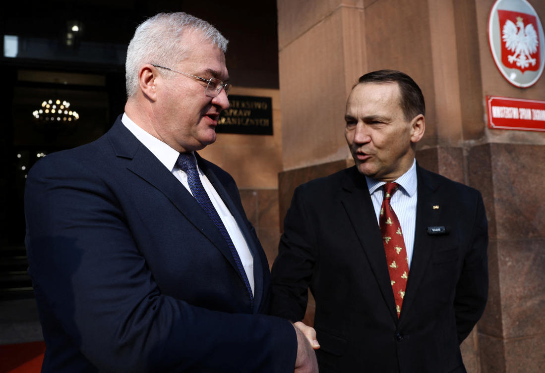 Ukrainian Foreign Minister Andrii Sybiha meets with Polish Foreign Minister Radoslaw Sikorski in Warsaw, Poland, March 12, 2025. (REUTERS)