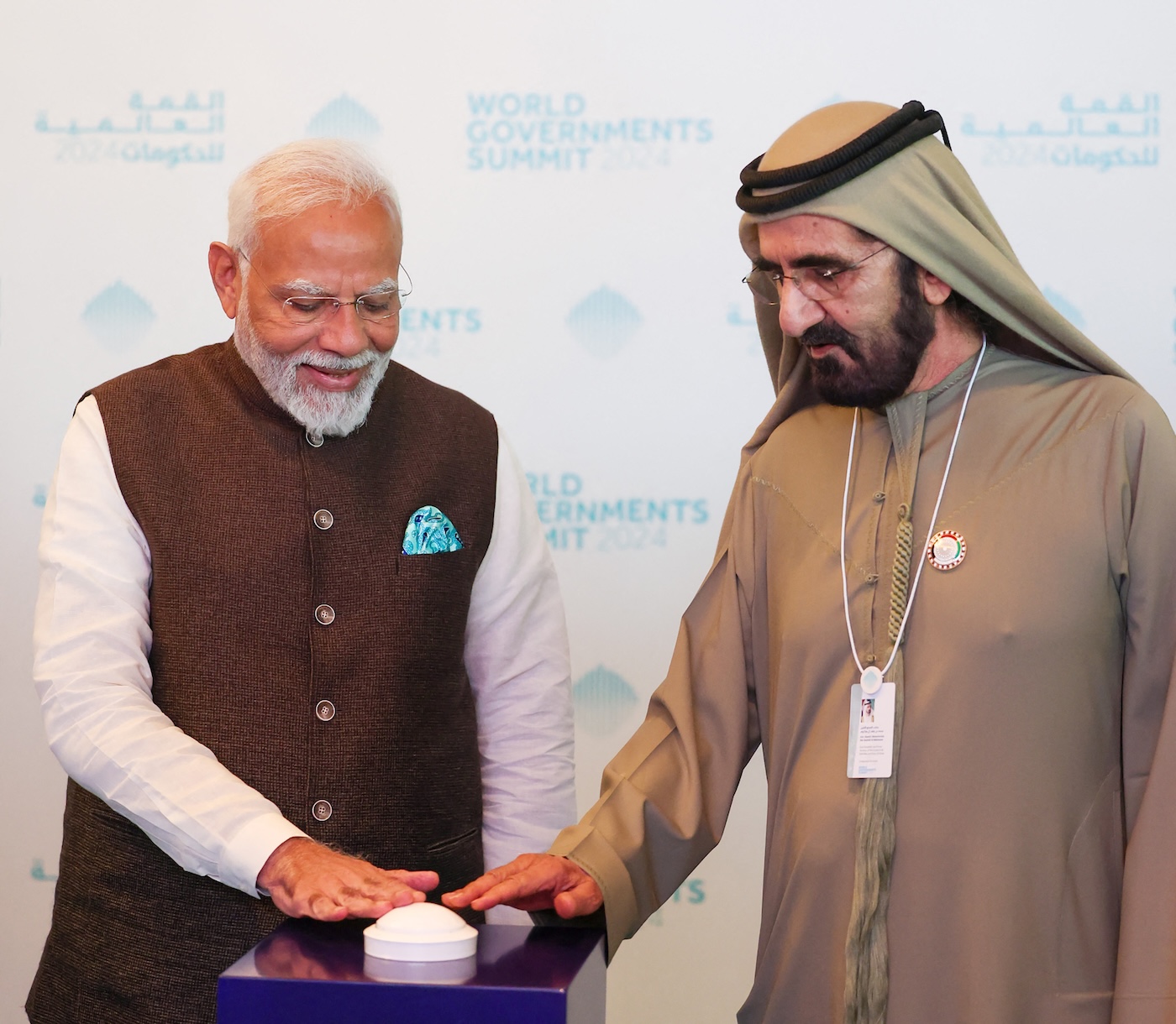 India's Prime Minister Narendra Modi and Sheikh Mohammed bin Rashid Al-Maktoum inaugurate a warehousing facility ‘Bharat Mart’ in Dubai on Feb. 14, 2024. (Indian Press Information Bureau)