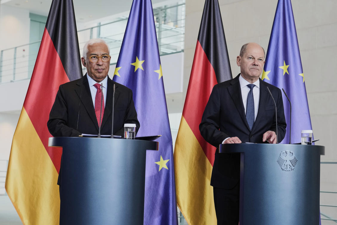 German Chancellor Olaf Scholz and the European Union Council President Antonio Costa brief the media after a meeting at the chancellery in Berlin, Mar. 12, 2025. (AP)