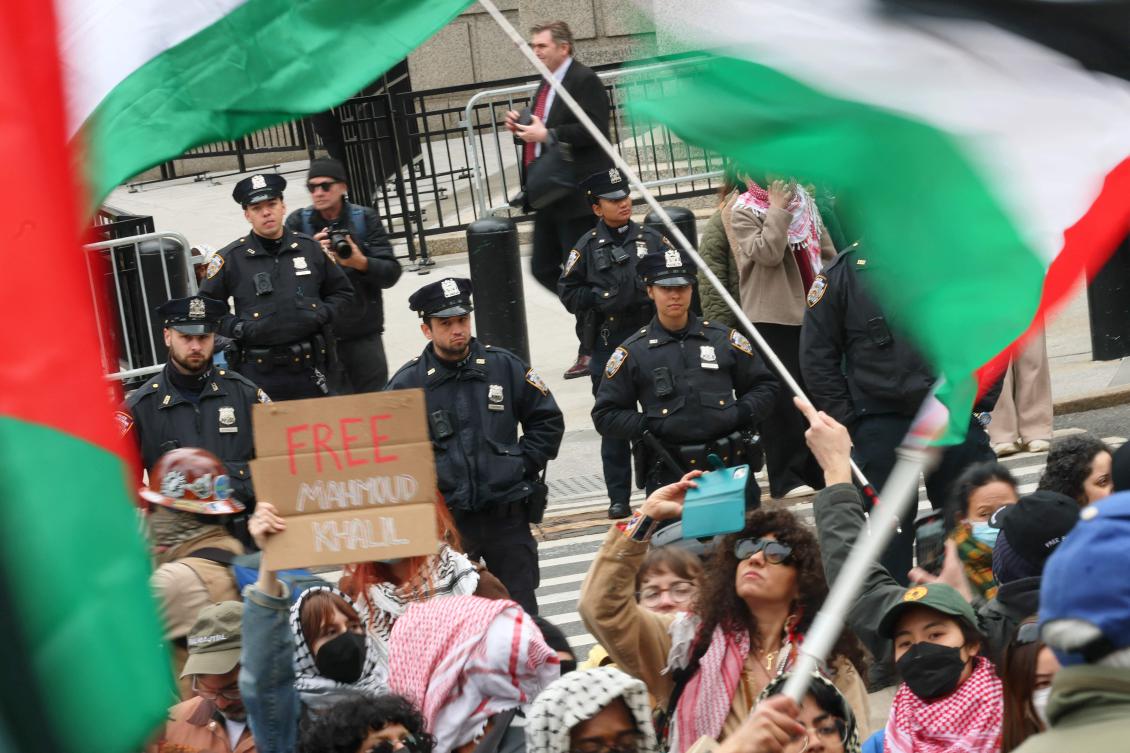 People gather outside of a New York court to protest the arrest and detention of Mahmoud Khalil at Foley Square on Mar. 12, 2025 in New York City. (AFP)