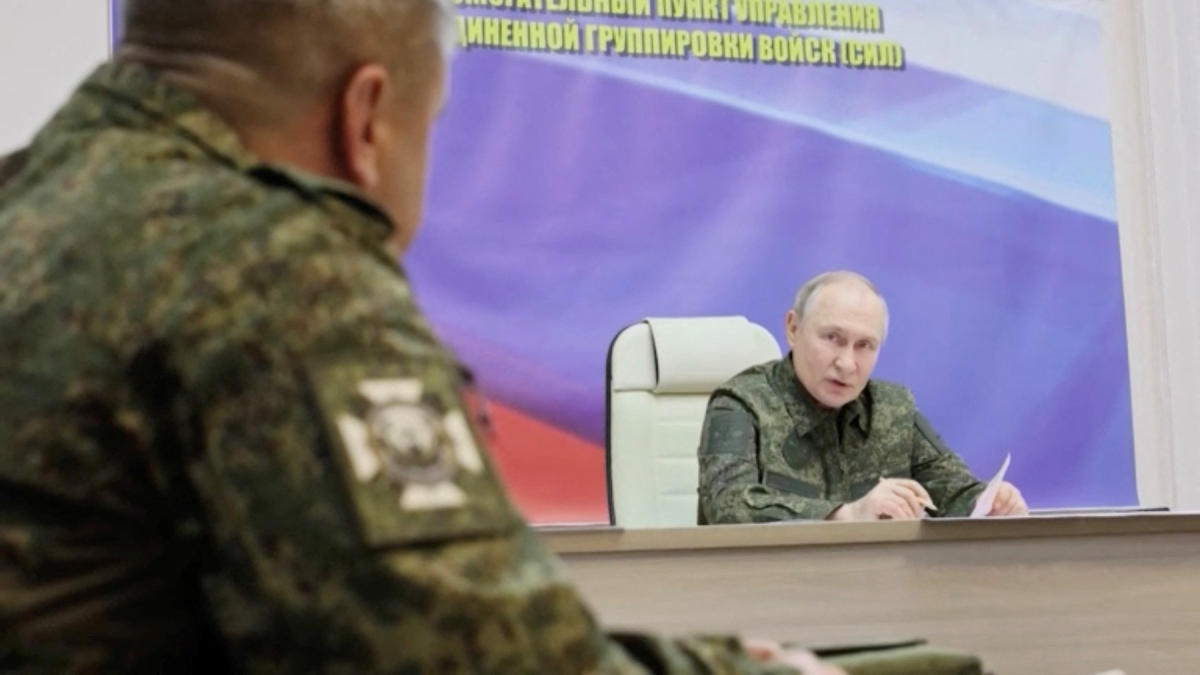 Russia’s President Vladimir Putin addresses commanders as he visits a control center in the Kursk region on March 12, 2025, in this still image taken from video. (Russian pool/Reuters TV via Reuters)