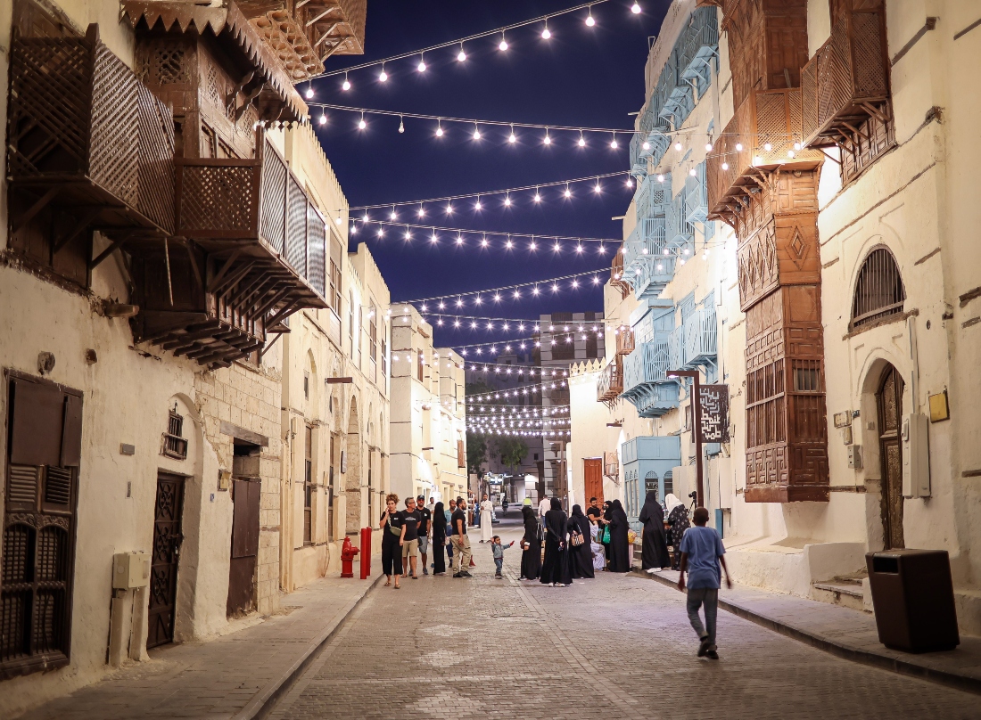 A view of the street decorated with lights for the holy month of Ramadan in Jeddah, Saudi Arabia on March 20, 2023. (Photo by Ayman Yaqoob/Anadolu Agency via Getty Images)