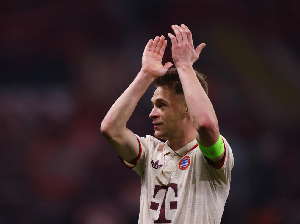 Bayern Munich’s Joshua Kimmich celebrates after winning their Champions League — Round of 16 — Second Leg — match against Bayer Leverkusen at BayArena, Leverkusen, Germany — Mar. 11, 2025. (Reuters)