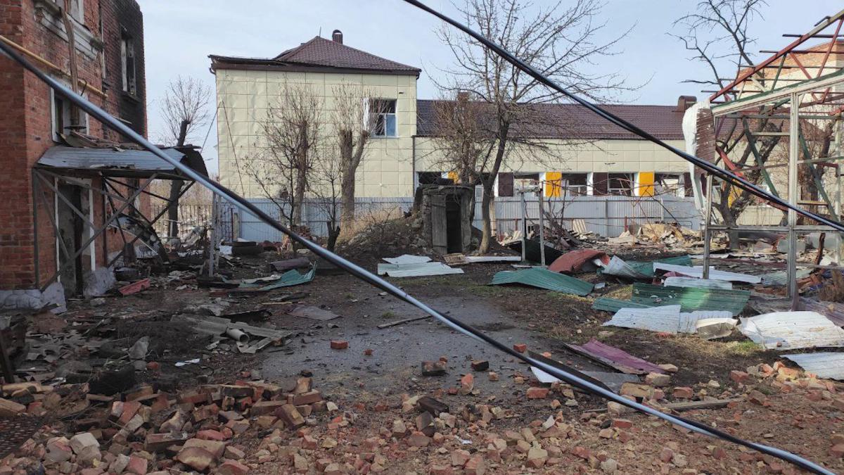 This grab taken from a handout footage released by the Russian Defense Ministry on Mar. 13, 2025, shows destructions in the town of Sudzha in the Kursk region. (AFP)