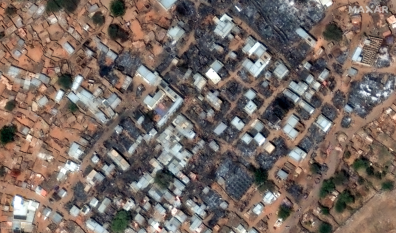 This handout satellite image taken by Maxar Technologies on February 13, 2025, shows heavy damage at the entrance to the Zamzam camp near North Darfur's besieged capital Al-Fasher. (AFP/File)