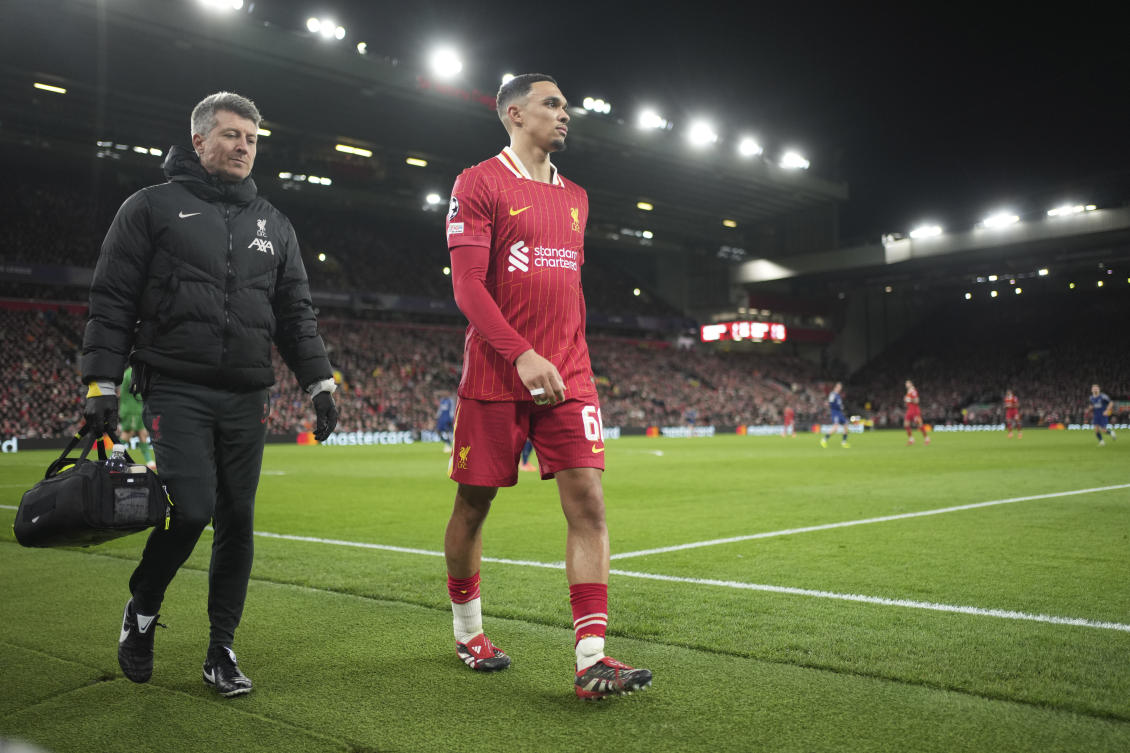Liverpool’s Trent Alexander-Arnold will miss the League Cup final against Newcastle with an ankle injury that leaves the defender facing an extended spell on the sidelines. (AP)