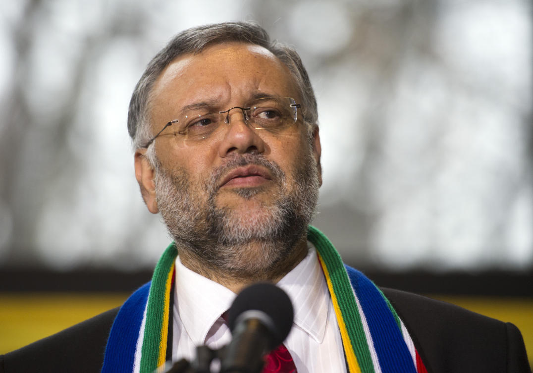 South Africa’s ambassador to the US Ebrahim Rasool speaks at the South African Embassy in Washington. (AP)