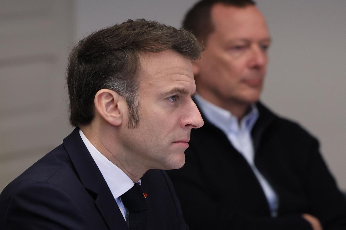French President Emmanuel Macron attends a videocall as he takes part in a virtual summit held by Britain’s prime minister and focused on peace and security in Ukraine, at the Elysee Palace in Paris on Mar. 15, 2025. (AFP)