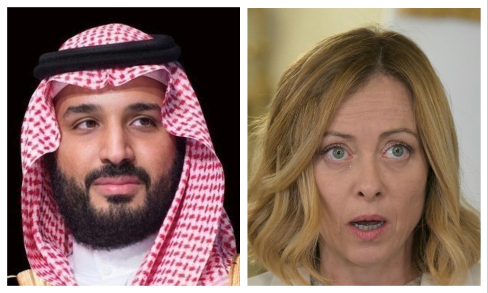 Saudi Arabia’s Crown Prince Mohammed bin Salman and Italy’s Prime Minister Giorgia Meloni. (File/SPA/AFP)