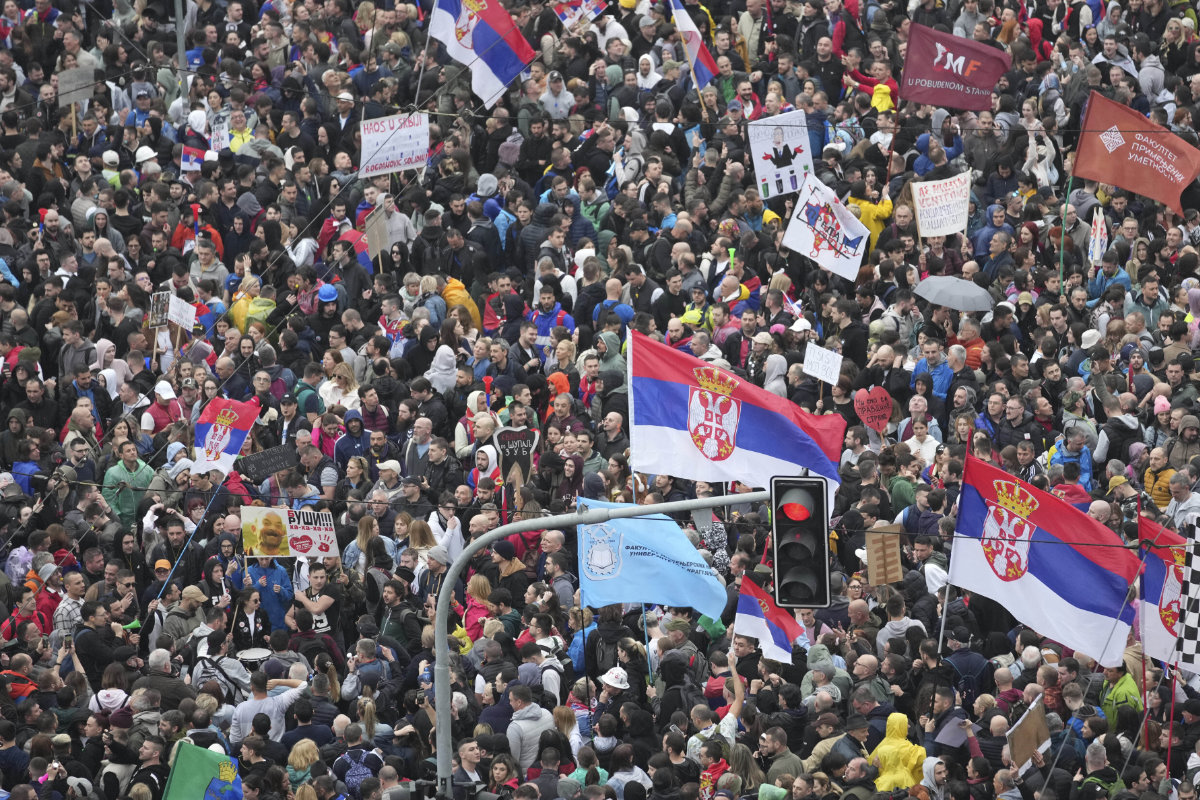Protesters march during a major rally in downtown Belgrade, Serbia, on March 15, 2025, against populist President Aleksandar Vucic and his government. (AP Photo)