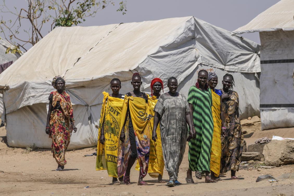 Women walk in the Juba displacement camp, South Sudan, Feb. 12, 2025. (AP)