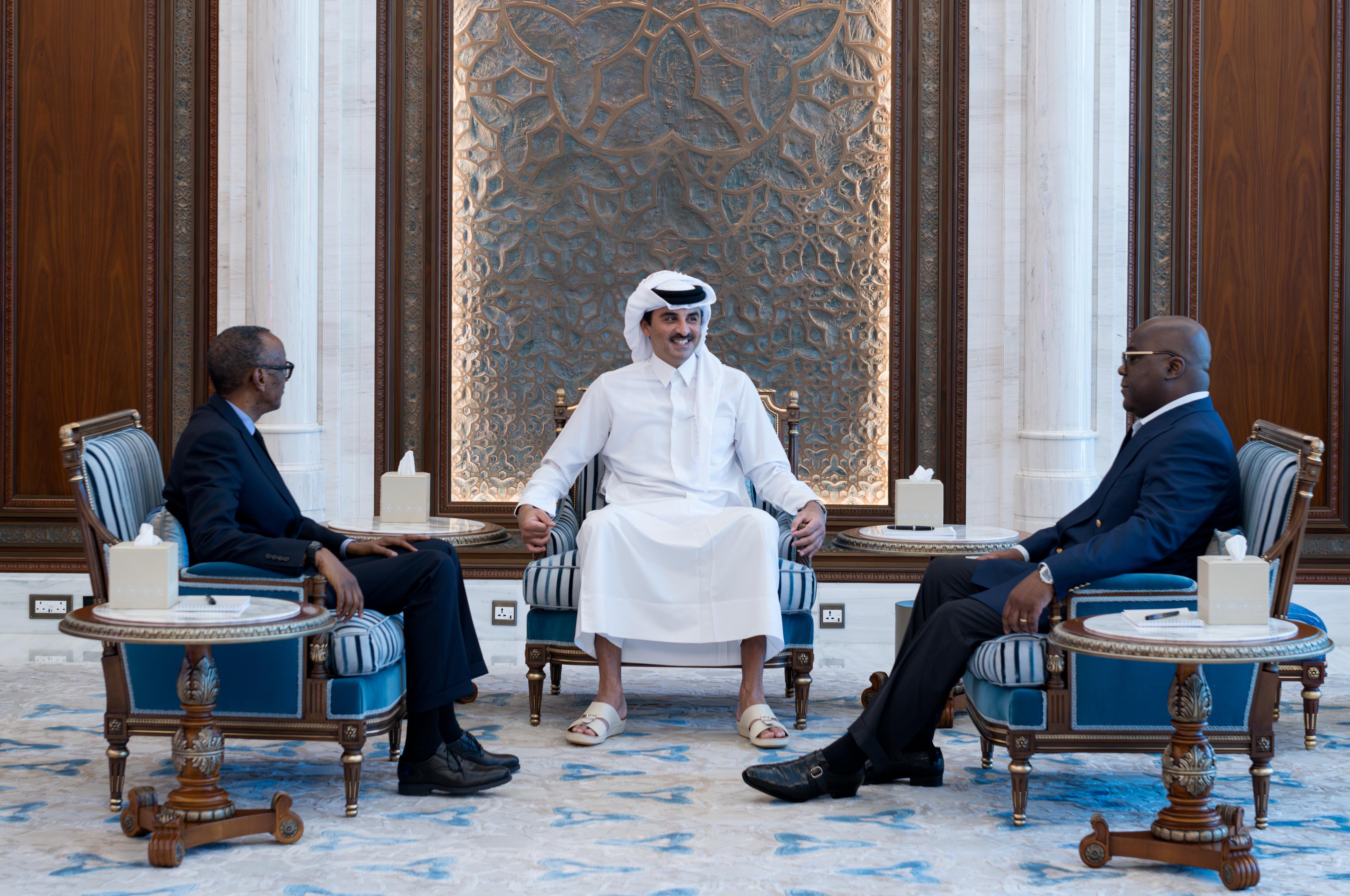 Emir of Qatar Sheikh Tamim bin Hamad Al-Thani during a meeting with Congo’s President Felix Tshisekedi and Rwanda’s President Paul Kagame in Doha, Mar. 18, 2025. (QNA)