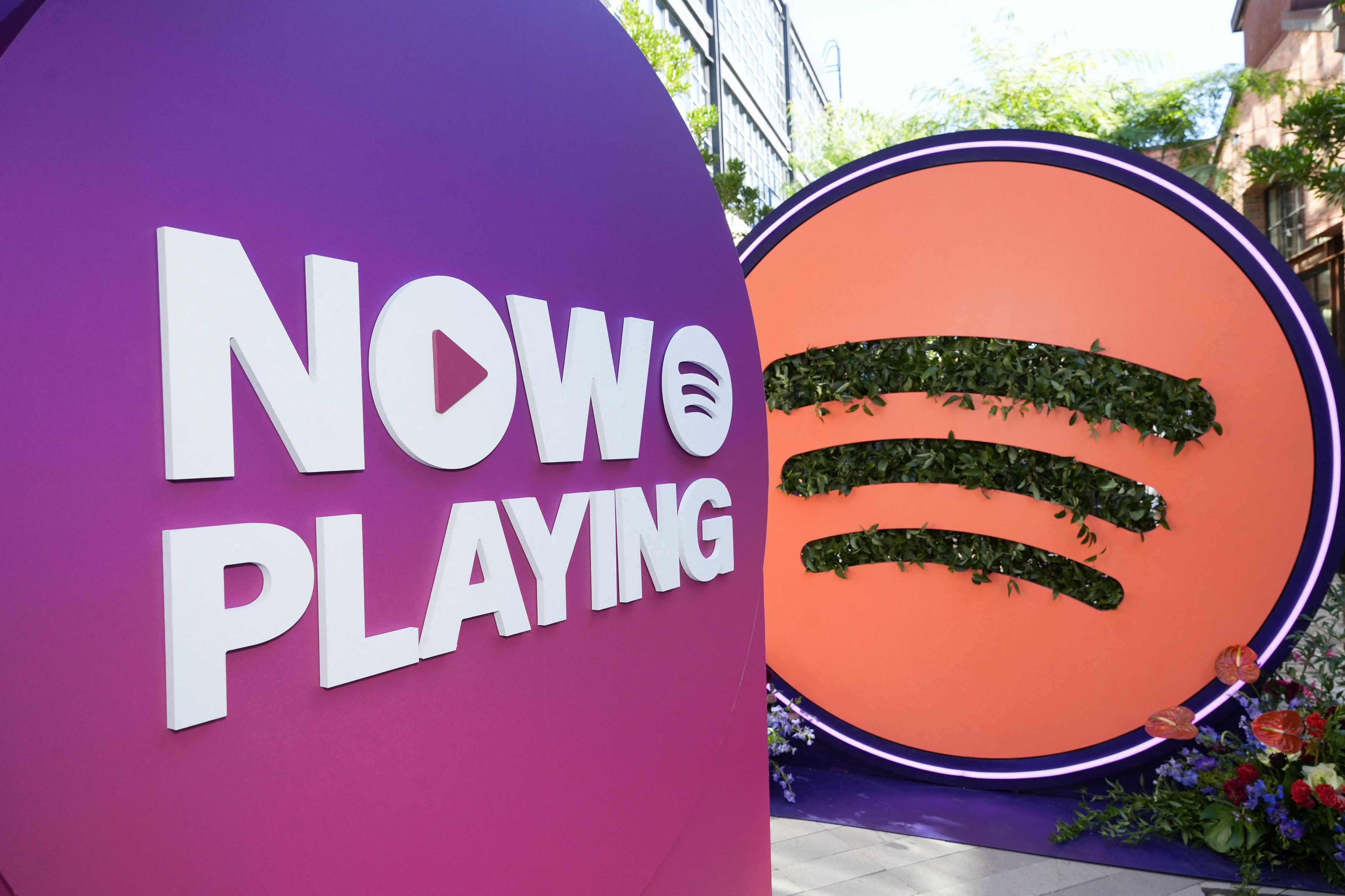 Displays and signage are seen during the "Now Playing" Creator Day hosted by Spotify in Los Angeles, California, Nov. 13, 2024. (AFP)