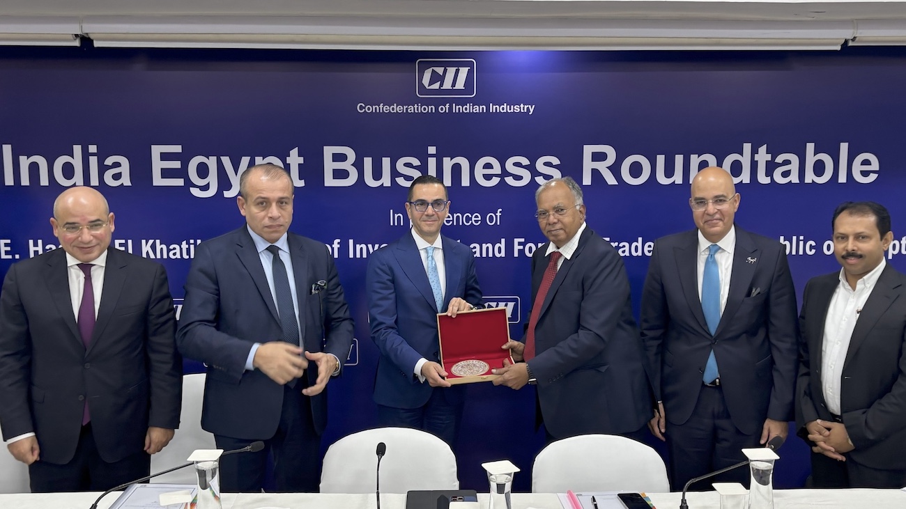 Egypt’s Foreign Trade Minister Hassan El-Khatib, C, participates in the India-Egypt Business Roundtable held by the Confederation of Indian Industry in New Delhi, March 17, 2025. (CII)