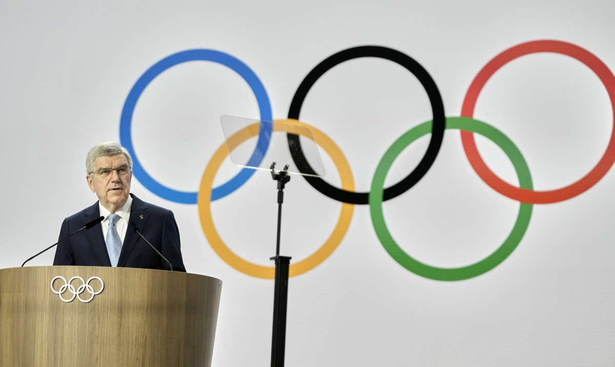 International Olympic Committee President Thomas Bach speaks during the 144th session which will elect the new IOC President, in Costa Navarino, western Greece, Wednesday. (AP)
