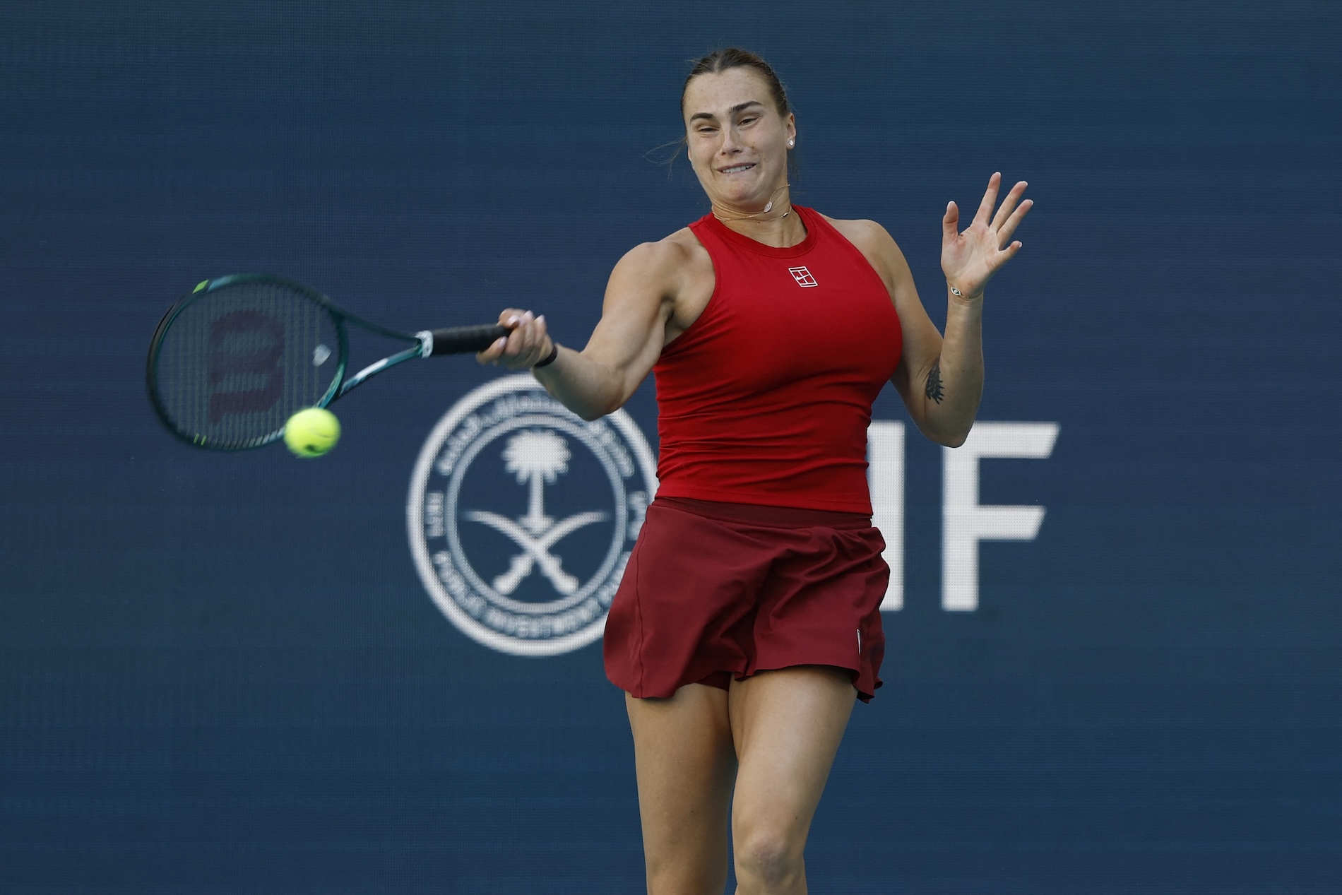 Aryna Sabalenka hits a forehand against Viktoriya Tomova on day three of the Miami Open at Hard Rock Stadium Thursday. (Geoff Burke-Imagn Images)