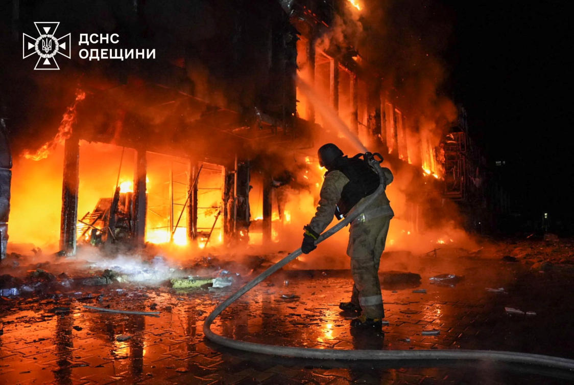 A firefighter works at a site of a Russian drone strike in Odesa, Ukraine on March 21, 2025. (State Emergency Service of Ukraine in Odesa via Reuters)