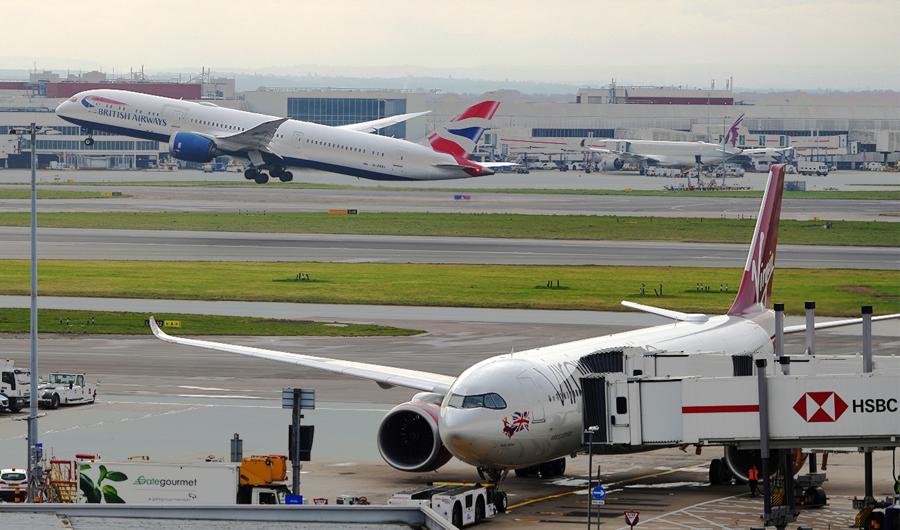 A British Airways plane takes off as Heathrow Airport resumes flight operation after a fire cut power to Europe’s busiest airport in London on March 22, 2025.(AP)