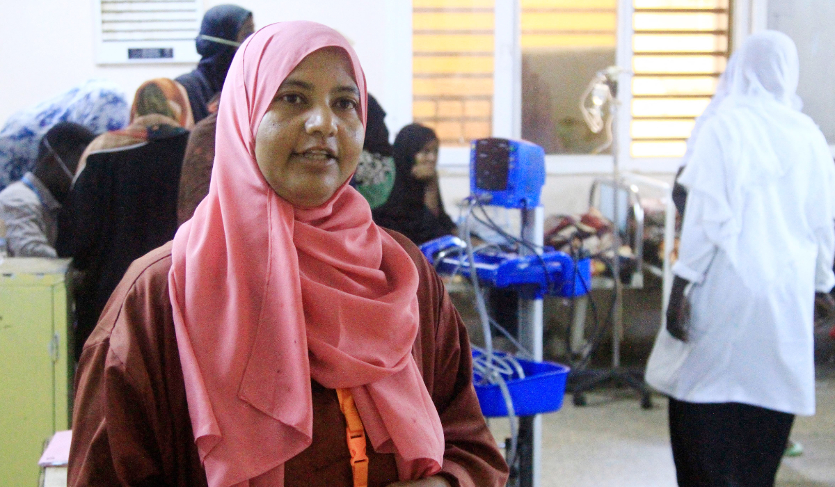 Khansa Al-Moatasem, head of the nursing team at Al-Nao hospital in Omdurman, speaks during an interview on Thursday. (AFP)