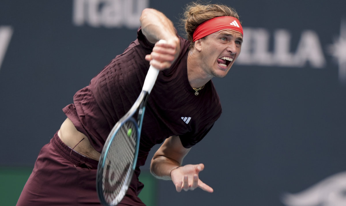 Alexander Zverev, of Germany, follows through on a serve to Jacob Fearnley, of Great Britain, during the Miami Open tennis tournament Saturday in Miami Gardens, Fla. (AP)