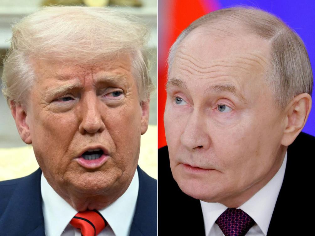 his combination of pictures created on March 17, 2025 shows, L-R, US President Donald Trump in the Oval Office of the White House in Washington, DC, on March 13, 2025 and Russia's President Vladimir Putin at the Kremlin in Moscow on March 13, 2025. (AFP)