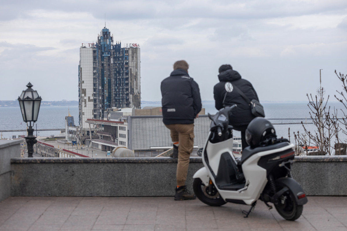The damaged 19-story hotel "Odessa" can be seen in the port city of Odesa on the Black Sea in southern Ukraine on March 19, 2025, amid the Russian invasion of Ukraine. (AFP)