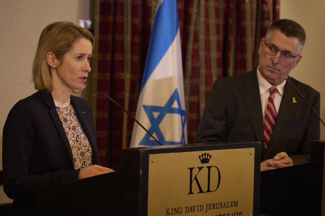 The EU High Representative for Foreign Affairs and Security Policy Kaja Kallas, left, speaks during a press conference with Israel's Foreign Minister Gideon Sa'ar after a meeting in Jerusalem, Monday, March 24, 2025. (AP)