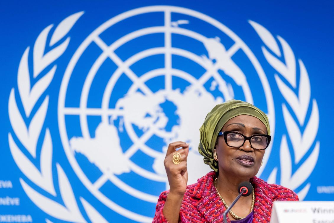 UNAIDS executive director Winnie Byanyima delivers remarks on the impact of US budget cuts on global HIV response during a press conference at the United Nations offices in Geneva on March 24, 2025. (AFP)