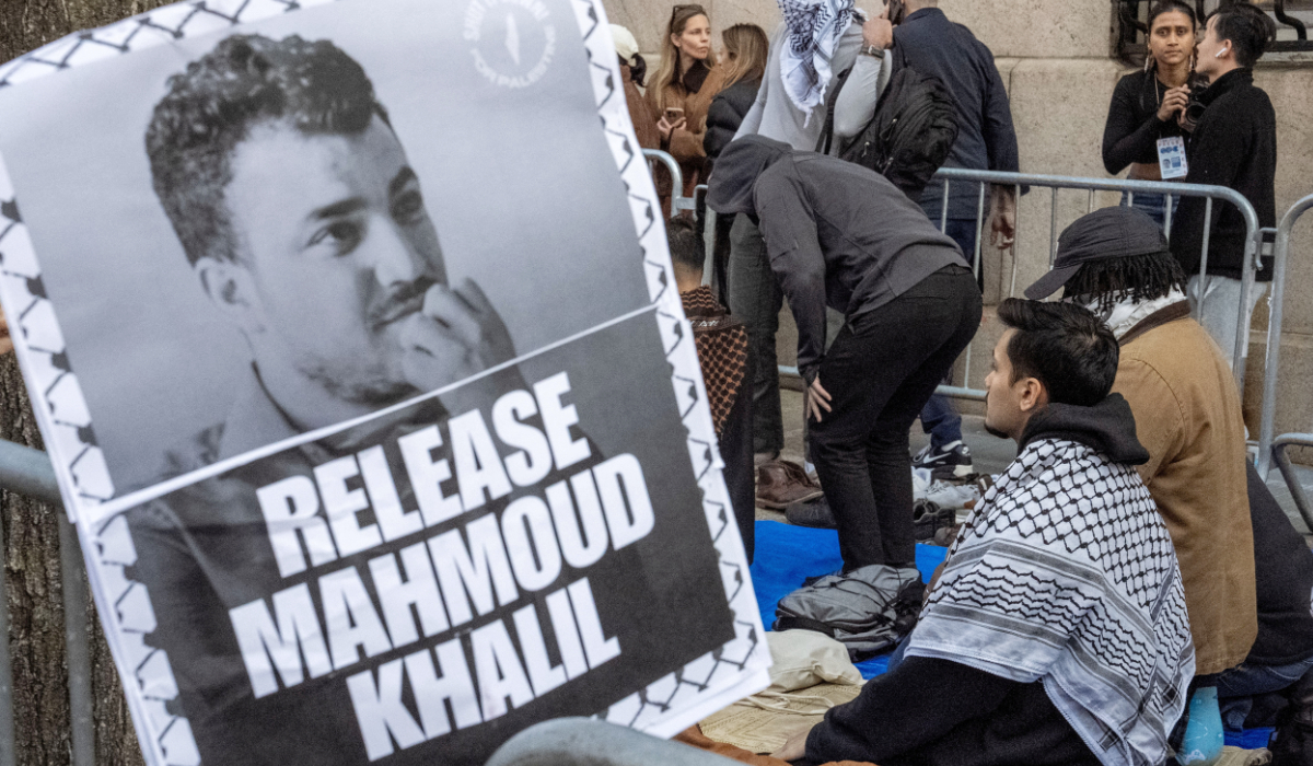 Muslim protestors pray outside the main campus of Columbia University during a demonstration to denounce the immigration arrest of Mahmoud Khalil, a pro-Palestinian activist who helped lead protests against Israel at the university, in New York City, U.S., March 14, 2025. (REUTERS)