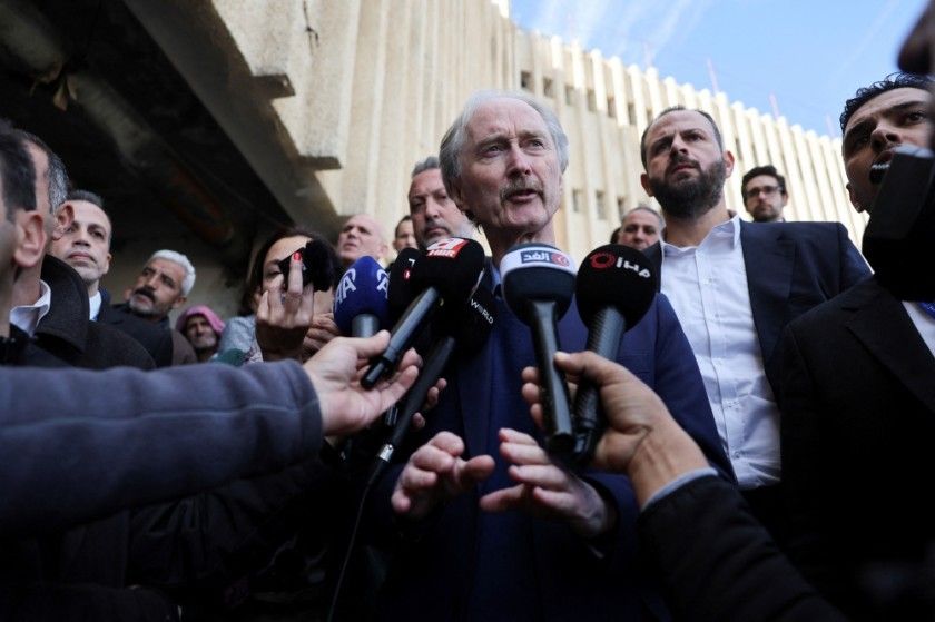 UN Special Envoy for Syria Geir Pedersen speaks with members of the media during his visit to Sednaya prison, Damascus, Syria, Dec. 16, 2024. (Reuters)
