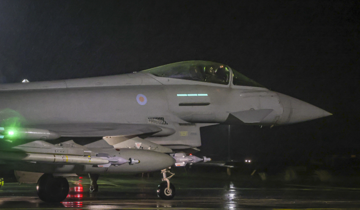 In this image provided by the UK Ministry of Defence, a Royal Air Force Typhoon FGR4 takes off to carry out air strikes against Houthi military targets in Yemen, from RAF Akrotiri, Cyprus, Monday, Jan. 22, 2024. (AFP)