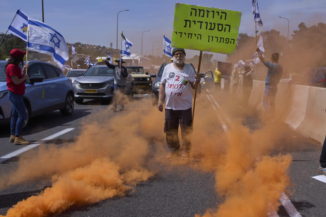 Israelis block a highway between Jerusalem and Tel Aviv in a protest against PM Benjamin Netanyahu’s government, demanding the realese of the hostages held by Hamas in the Gaza Strip, Wednesday, March 26, 2025. (AP)