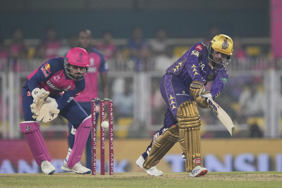 Kolkata Knight Riders’ Quinton de Kock plays a shot during the IPL cricket match against Rajasthan Royals at Assam Cricket Association Stadium, Guwahati, India, Mar. 26, 2025. (AP Photo)