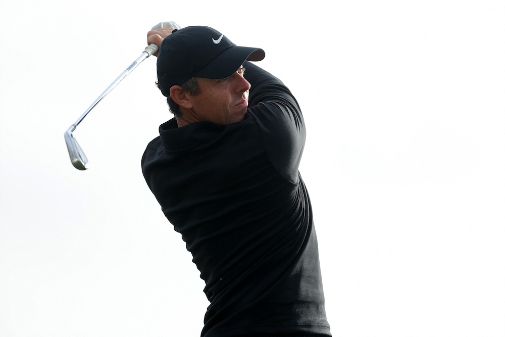 Rory McIlroy of Northern Ireland hits a tee shot on the 17th hole during a practice round prior to the Texas Children’s Houston Open 2025 at Memorial Park Golf Course on Wednesday in Houston, Texas. (Getty Images via AFP)