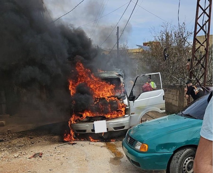 An "Israeli enemy strike on a car in Yohmor al-Shaqeef led to the death of three people," said a health ministry statement reported by the National News Agency. (X/@abouhadi80)