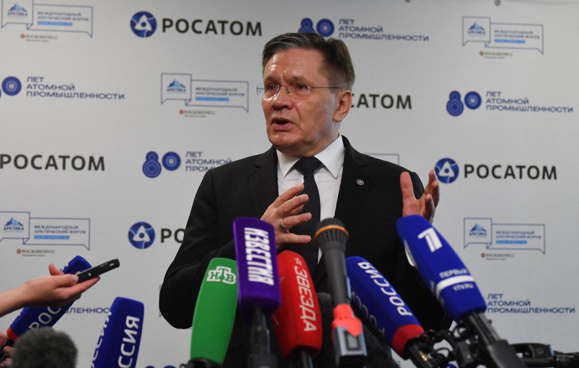 Director General of Russia's State Atomic Energy Corporation Rosatom Alexei Likhachev holds a media briefing on the sidelines of the International Arctic Forum in Murmansk, Mar. 27, 2025. (AFP)