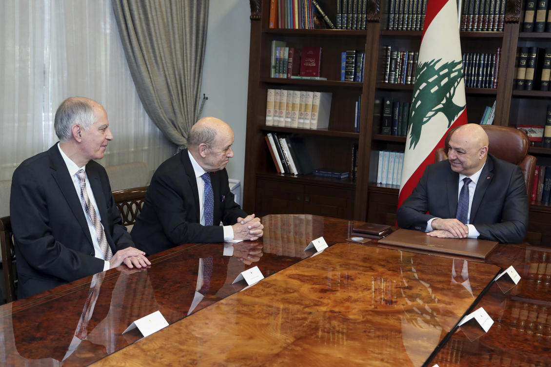Lebanese President Joseph Aoun, right, meets with French special envoy to Lebanon Jean-Yves Le Drian, center, and French Ambassador to Lebanon Herve Magro, at the presidential palace in Baabda, Beirut, Mar. 26, 2025. (AP)